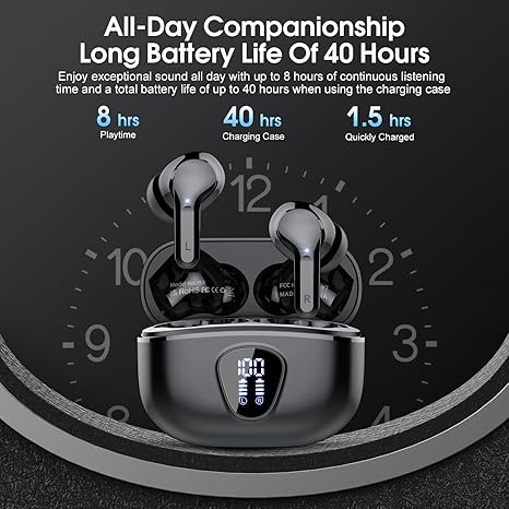 Bluetooth 5.4 Wireless Earbuds with ENC Noise Cancelling, 48H Playtime & LED Display