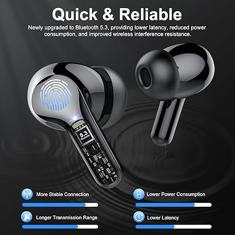 Bluetooth 5.4 Wireless Earbuds with ENC Noise Cancelling, 48H Playtime & LED Display