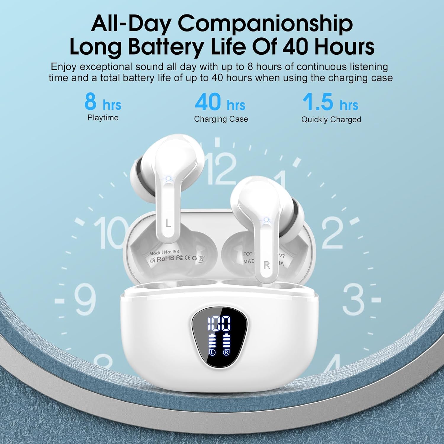 Bluetooth 5.4 Wireless Earbuds with ENC Noise Cancelling, 48H Playtime & LED Display